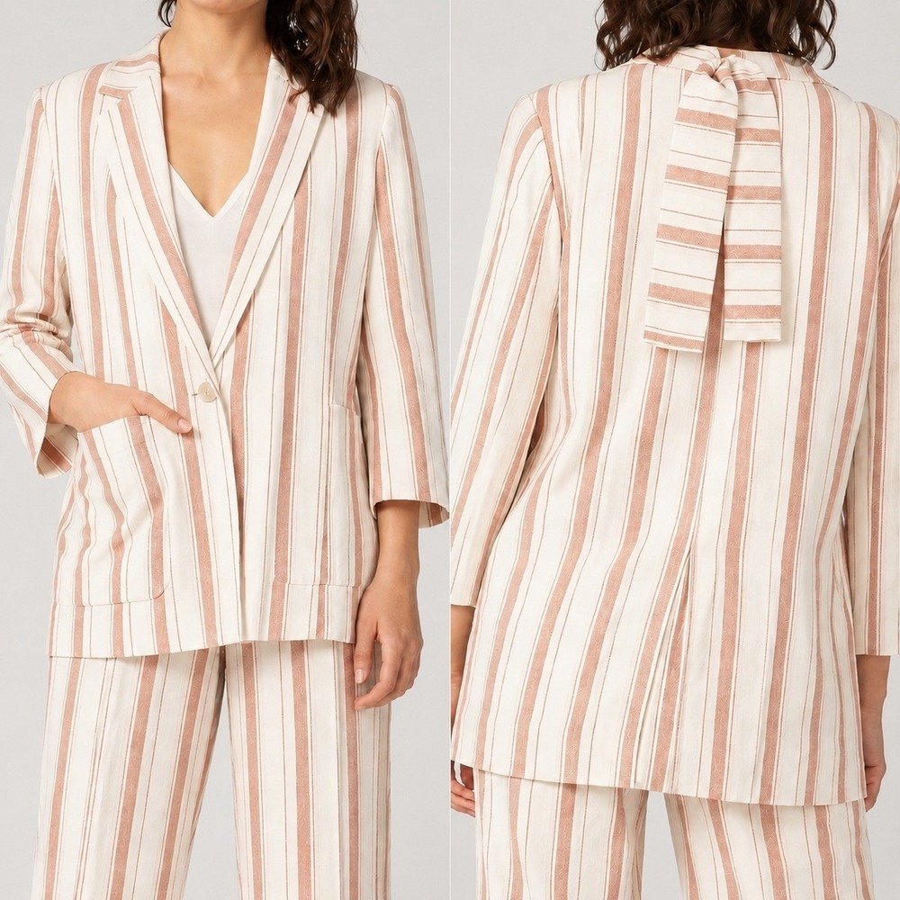 Habitual NEW Nat Boxy Linen Blend Pink Stripe Oversized Bow Blazer Jacket SZ XL